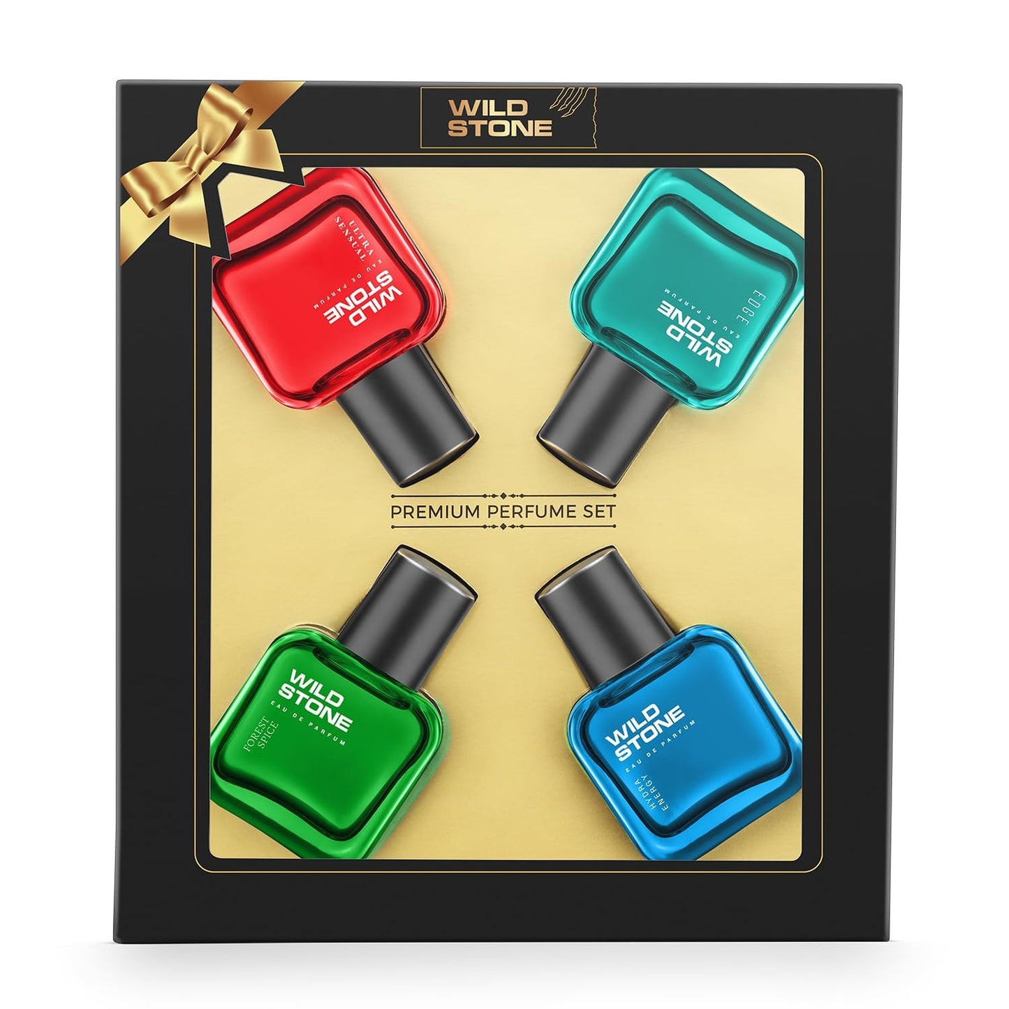 Set of four Wild Stone perfumes in a decorative box with a gold bow.