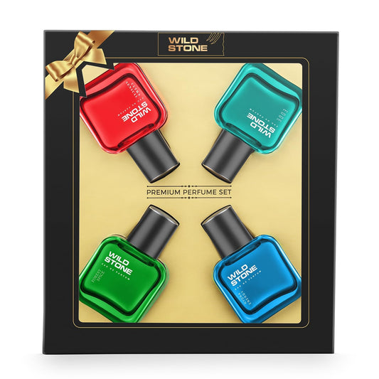 Set of four Wild Stone perfumes in a decorative box with a gold bow.