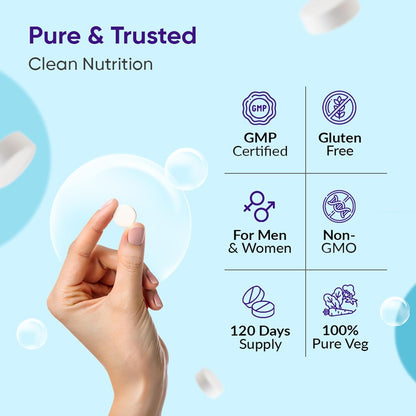 Product packaging with a hand holding a supplement, featuring certification logos on a light blue background.