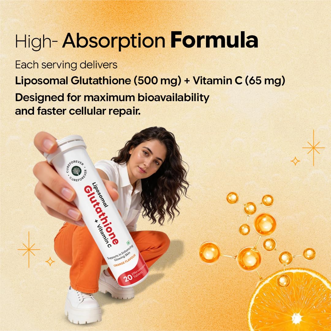 CUREFOREVER Glutathione Effervescent Tablets, 20 Tablets with Vitamin C, Liposomal Glutathione 500mg for Antioxidant Support, Skin Glow & Radiance Support, Detox Support