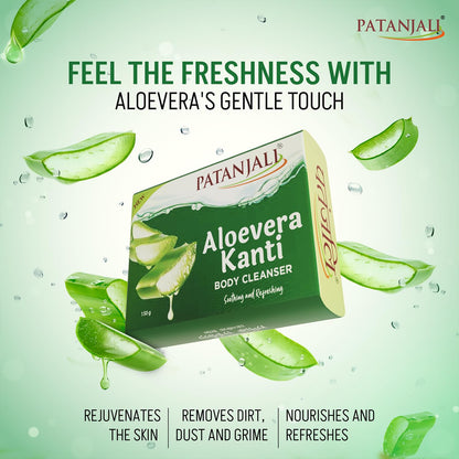 Patanjali Aloe Vera Kanti Body Cleanser Soap for Men and Women(150g, Pack of 4), Nourishing & Moisturizing, Natural Aloe Vera Soap for Soft Skin