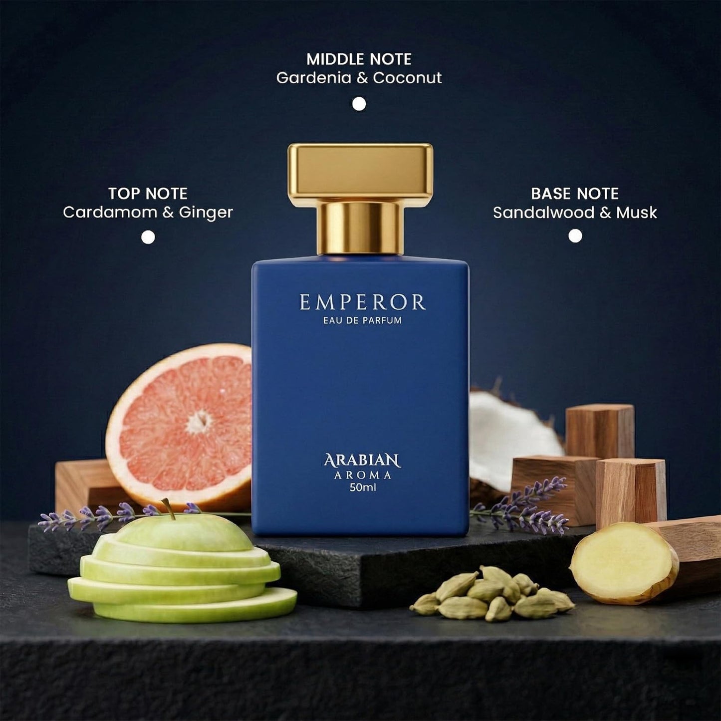 Blue perfume bottle labeled 'Emperor' by Arabian Aroma with botanical elements on a dark background
