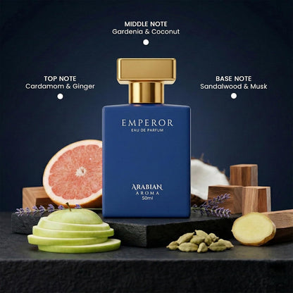 Blue perfume bottle labeled 'Emperor' by Arabian Aroma with botanical elements on a dark background