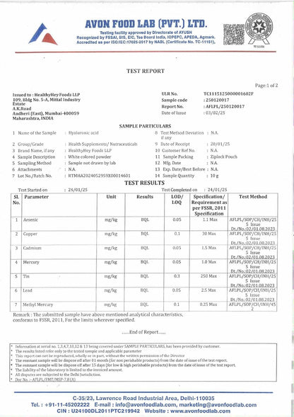 Avon Food Lab test report for a sample of white colored powder