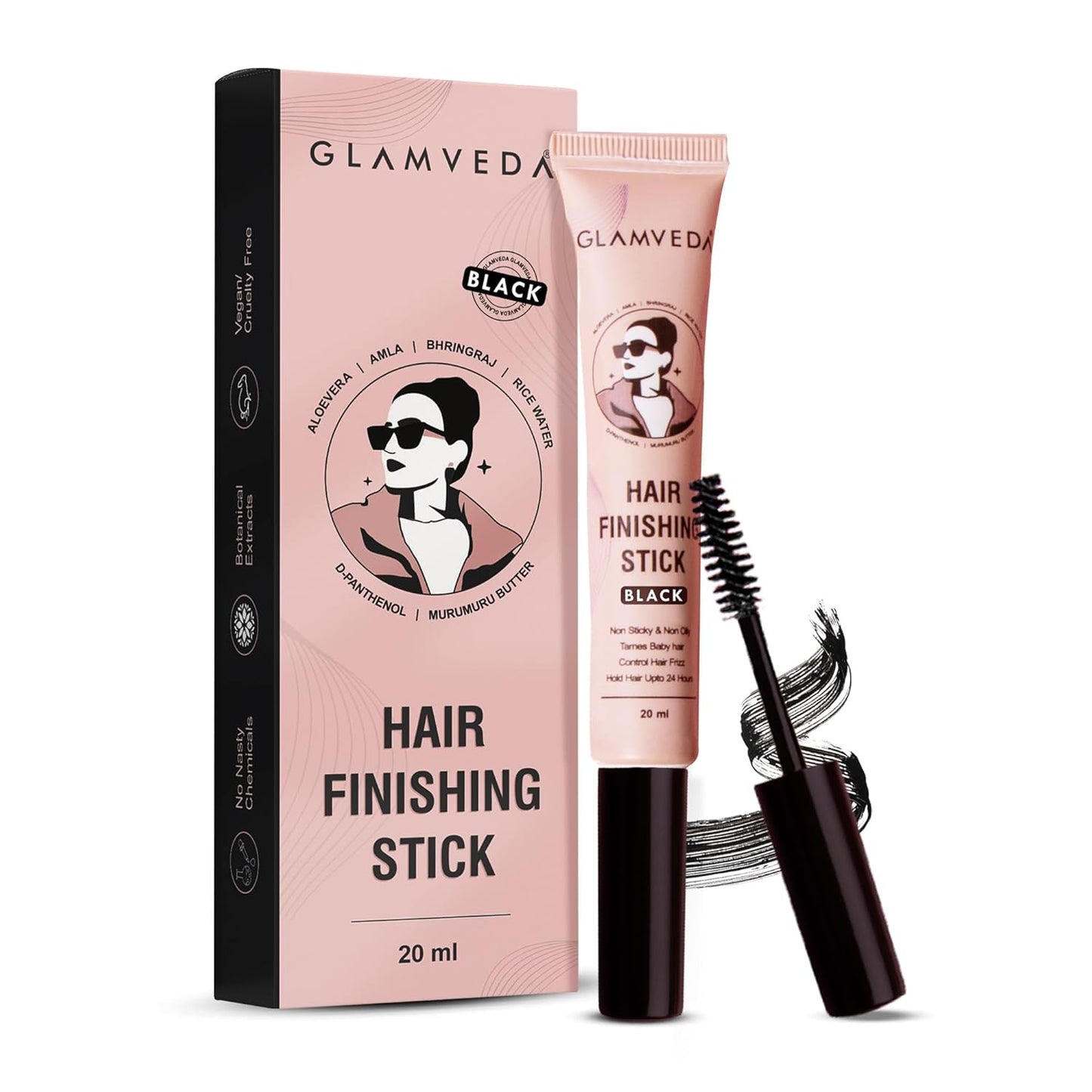 GLAMVEDA Black Hair Finishing Stick for Frizzy Hair | Anti-Frizz Hair Fix Stick for Flyaways & Baby Hair | Non-Sticky & Non-Greasy Formula | Long-Lasting Hold with Rice Water | 20ml