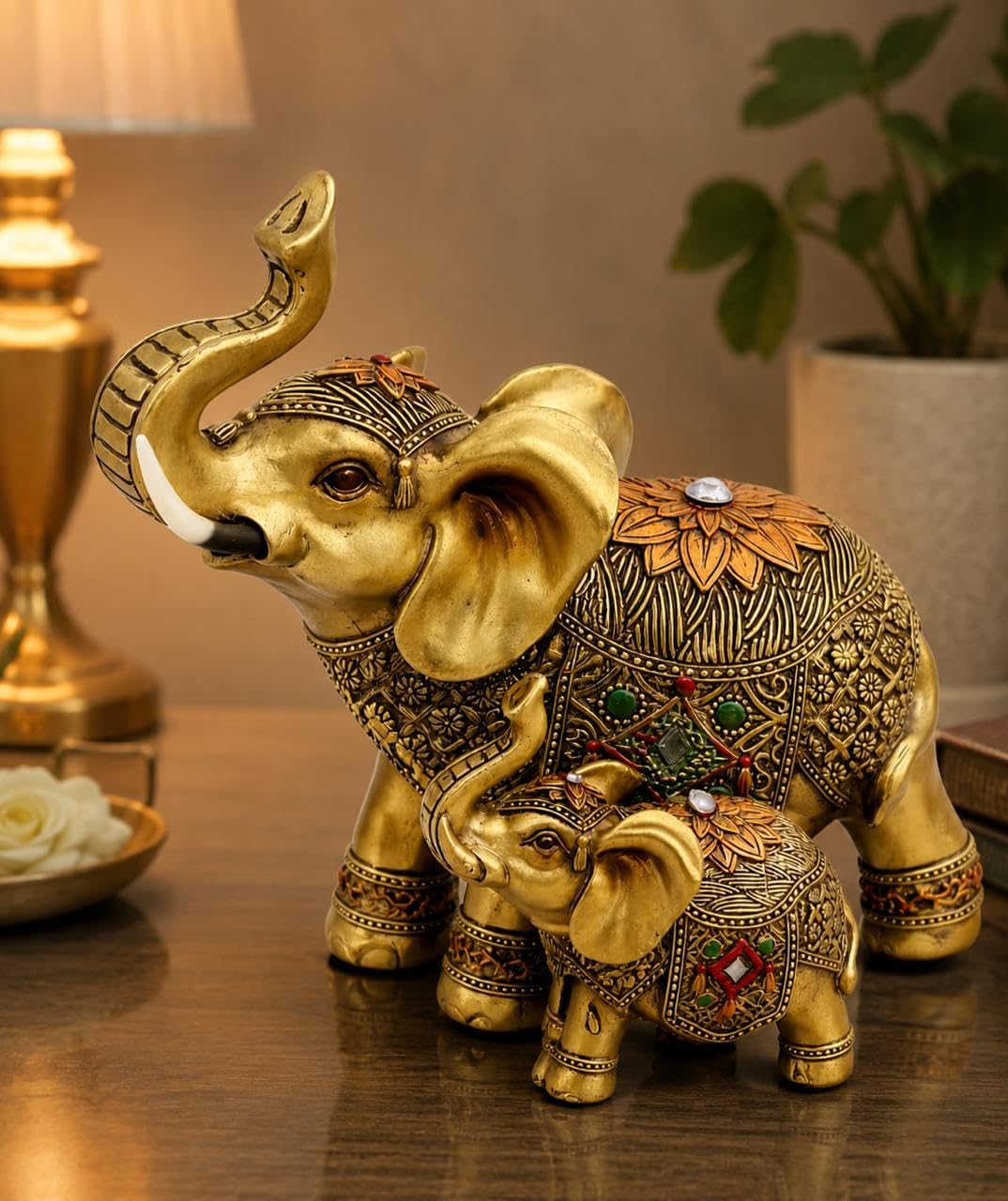 Decorative Elephant Showpiece for Home Décor | Resin Lucky Elephant Statue with Mother & Baby Design | Tabletop Feng Shui Good Luck Idol (Golden Elephant Family)