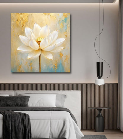 Lotus Flower Painting for Wall Vastu (15+ DESIGNS) Framed Lotus Canvas Painting for Living Room, Bedroom | Nature Floral Wall Art with Multiple Design Variations (White Abstract Lotus, 18x18 Inch, Framed)