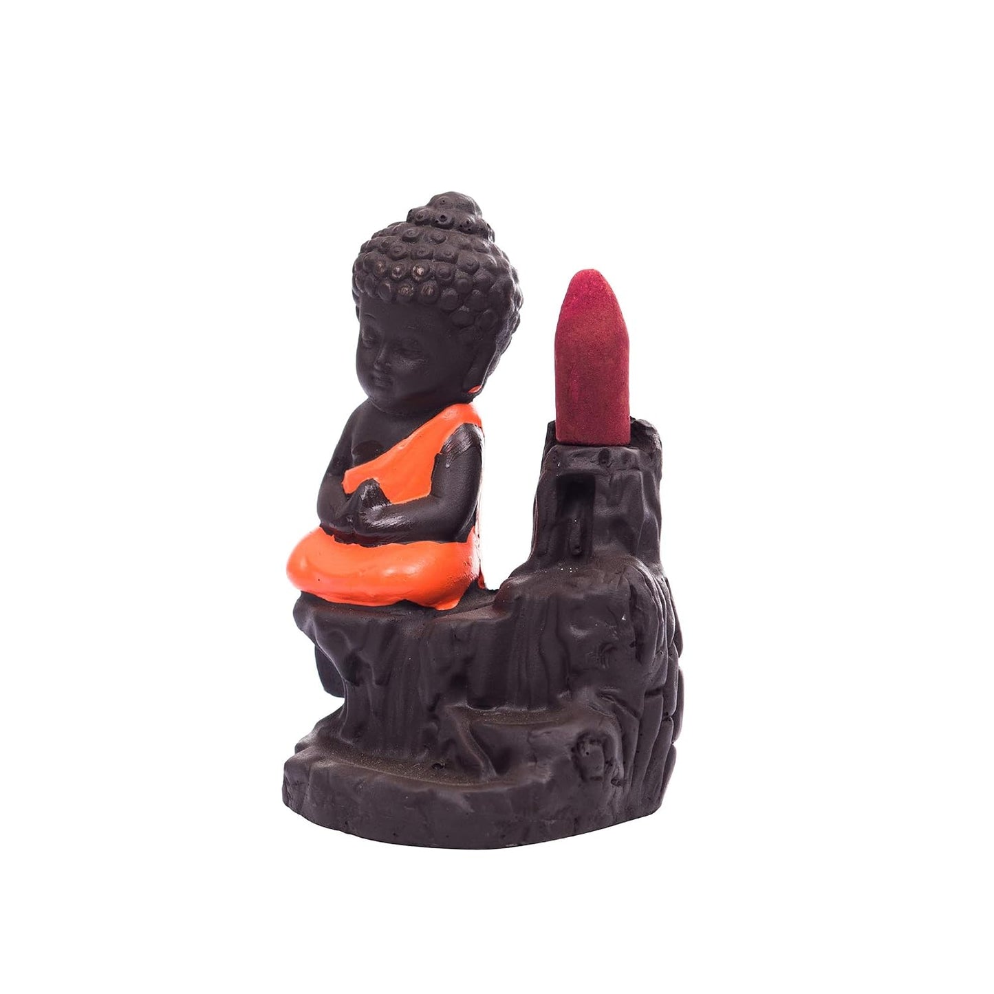 eCraftIndia Meditating Monk Buddha Smoke Backflow Cone Decorative Incense Holder (7 cm x 7 cm x 12, Red)
