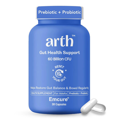Arth Gut Health Supplement | Prebiotic & Probiotic Blend with 60 Billion CFU | 11 Probiotic Strains & 150mg Inulin | Supports Digestive Health, Bowel Regularity & Immunity | Reduces Bloating, Gas & Indigestion | For Men & Women | 30 Veg Capsules
