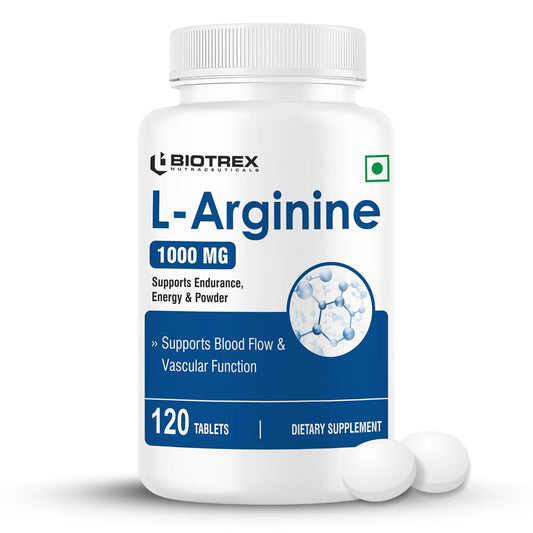 Biotrex Nutraceuticals L-Arginine 1000mg Supplement | Nitric Oxide Booster & Muscle Growth | Blood Flow & Heart Health | Pre Workout | Non-GMO | 120 Tablets