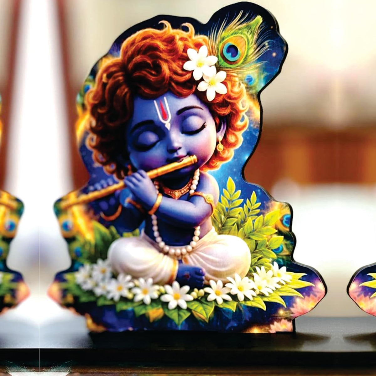 Wooden Bal Krishna Playing Flute | Spiritual Tabletop Showpiece for Home, Office Desk, Temple, Living Room Decor, Religious Gift Item (5.6 x 6 Inch)