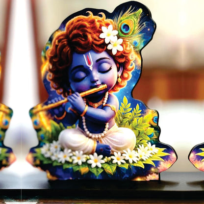 Wooden Bal Krishna Playing Flute | Spiritual Tabletop Showpiece for Home, Office Desk, Temple, Living Room Decor, Religious Gift Item (5.6 x 6 Inch)