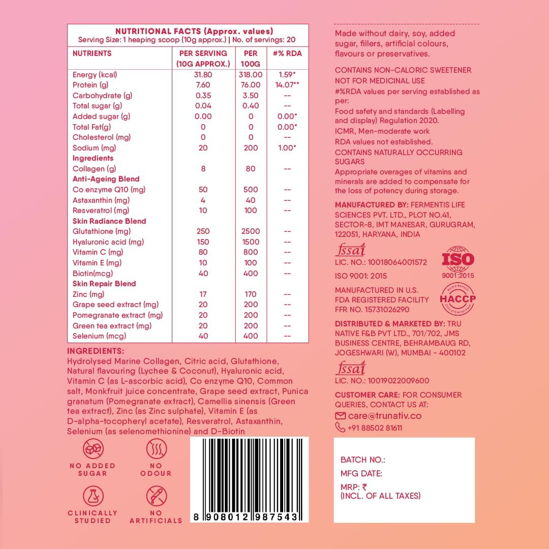 Trunativ Collagen Supplements | Advanced Japanese Marine Collagen Powder for Women & Men | Type 1 and 3 Hydrolyzed Peptides | Supplement with Hyaluronic Acid | Supports Skin Glow, Hair Growth, and Nail Strength | Lychee Coconut | 60g (Pack of 1)