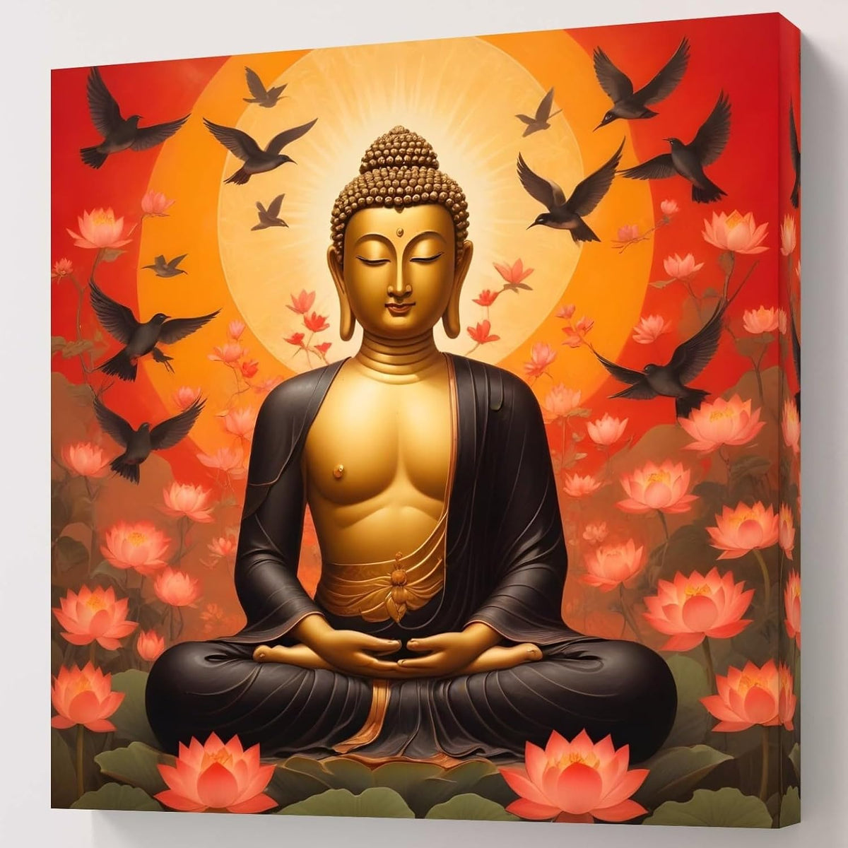 Buddha Wall Art Canvas, Meditation Lotus Flowers, Spiritual Zen Decor with Birds, Orange Sunset Background 16 Inch x 16 Inch CVS-38103