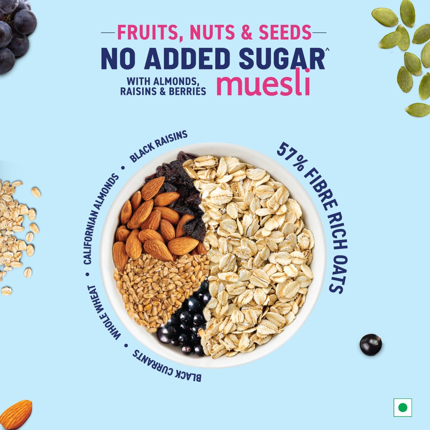 Bagrry’s No Added Sugar Muesli with Fruits, Nuts & Seeds – 700g | High Fibre & Protein | 0% Added Sugar, No Corn Flakes | Whole Grain Breakfast Cereal with Almonds, Raisins, Pumpkin Seeds & Berries