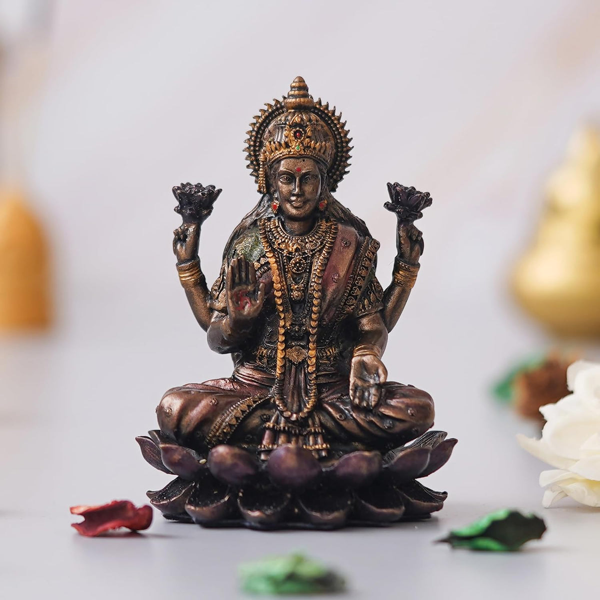 Brown Resin Handcrafted Goddess Laxmi Idol Sitting on Lotus| Blessing Lakshmi Statue| Goddess Lakshmi Devi Idol for Home Office| Laxmi Murti for Diwali Pooja| Diwali Gift