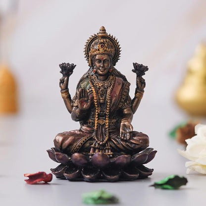 Brown Resin Handcrafted Goddess Laxmi Idol Sitting on Lotus| Blessing Lakshmi Statue| Goddess Lakshmi Devi Idol for Home Office| Laxmi Murti for Diwali Pooja| Diwali Gift