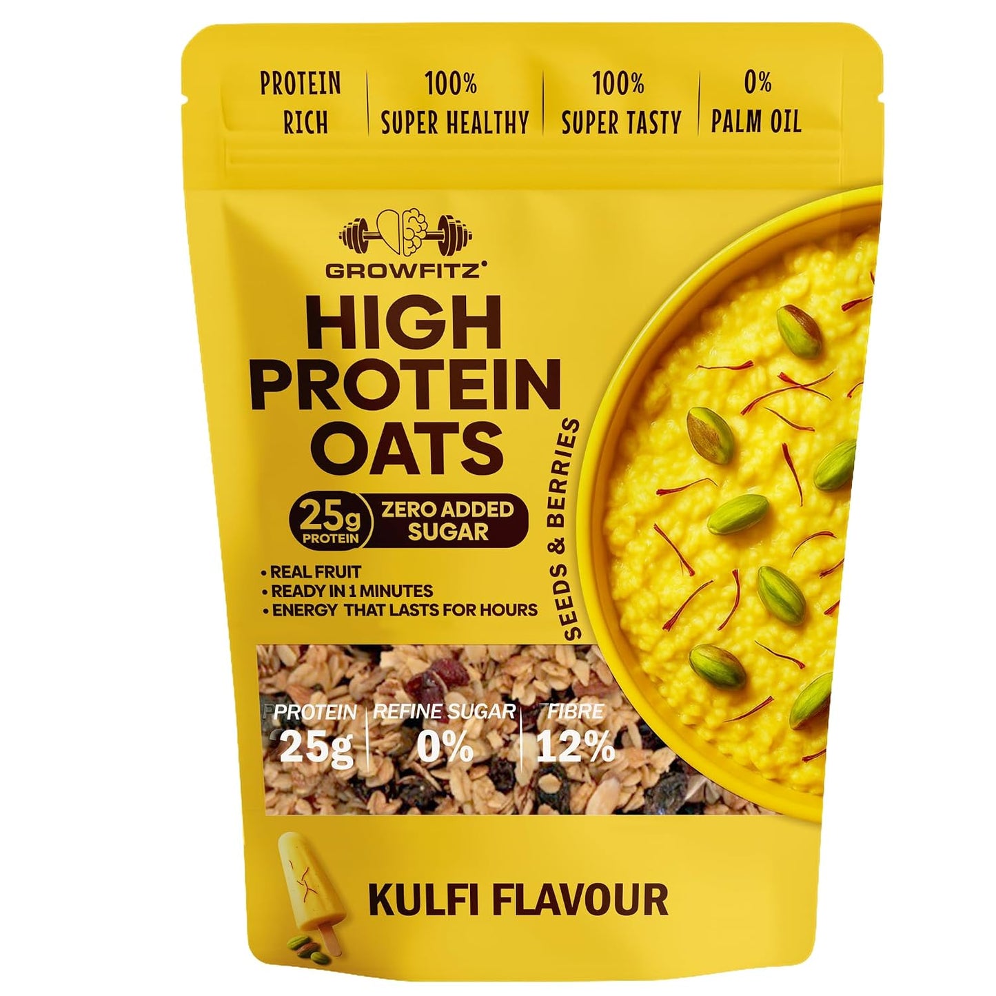GrowFitz 25g High Protein Oats 800 Gram | Kulfi Flavor Breakfast Oatmeal | 12g High Fiber, Almonds, Raisin, Pumpkin, Chia Seeds, Super Rolled Oats | Healthy Fats, No Added Sugar (Pack of 1)