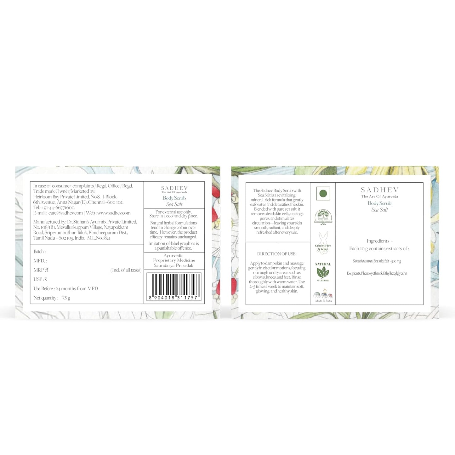 Sadhev Ayurvedic Sea Salt Body Scrub | Exfoliates, Detoxifies & Revitalizes | Enriched with Coconut Oil & Aloe Vera | For Smooth, Radiant Skin | All Skin Types (75g)