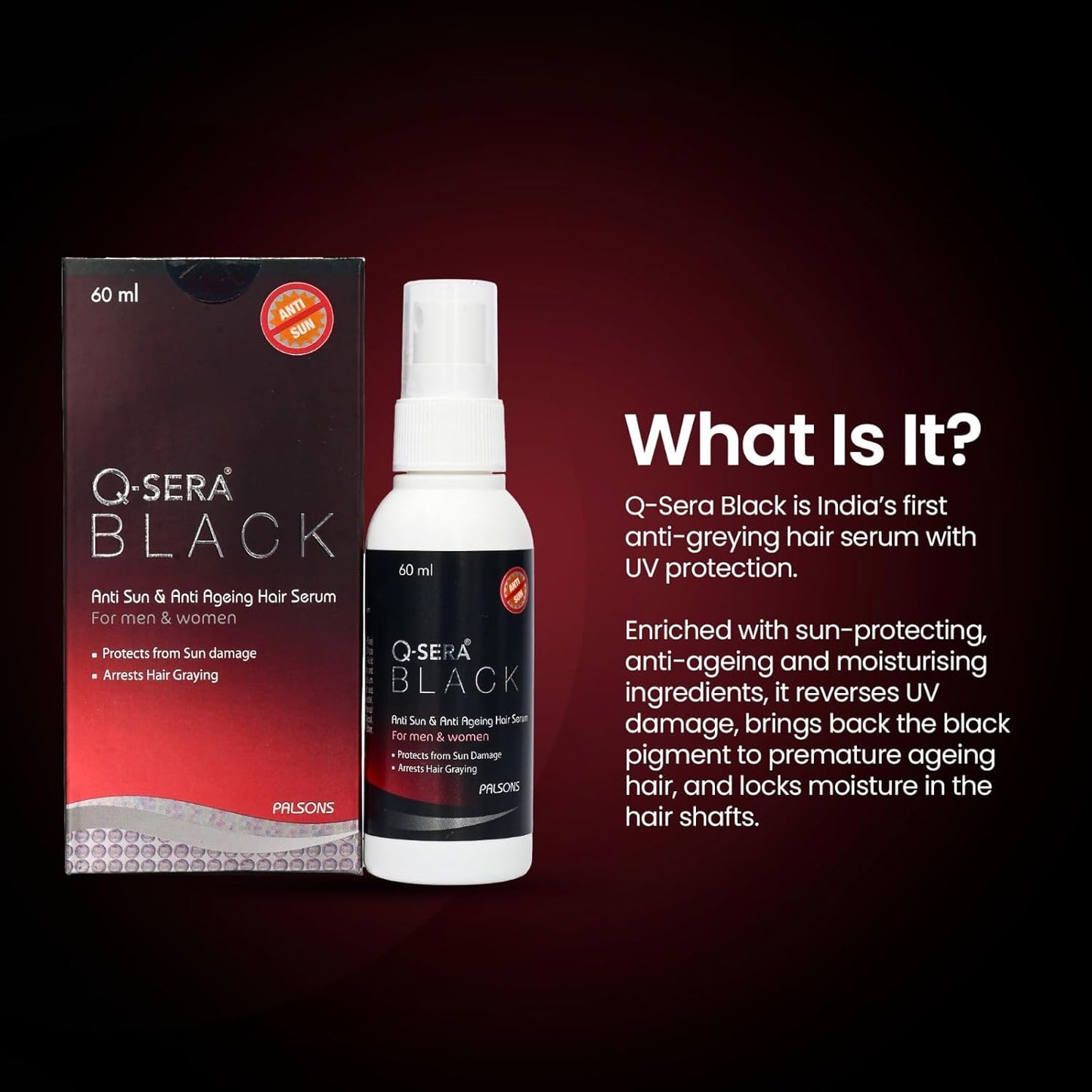 QSera Black Anti Sun And Anti-Ageing Hair Serum | For Men and Women | Repairing Damaged Hair | Protection From Sun Damage | Dermatologist Recommended | 60 ML