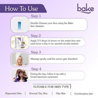 BAKE 2% Kojic Acid Face Serum with 5% Niacinamide & 2% Glycolic Acid for Pigmentation & Dark Spots | For Dark Circles, Tan Removal & Sun Damaged Skin | Skin Brightening & Glowing | 30ml