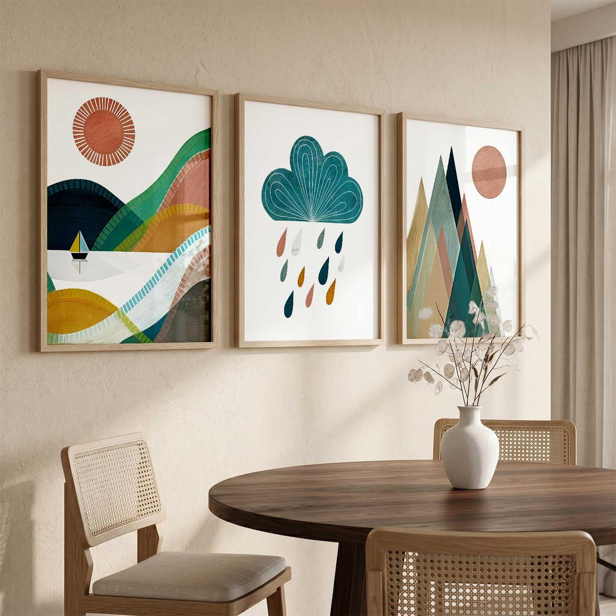 Boho Art Home Decoration Paintings With Frame For Living Room Bed Room Hotel Wall Decor Digital Reprint Set of 3 (13X17 inch)