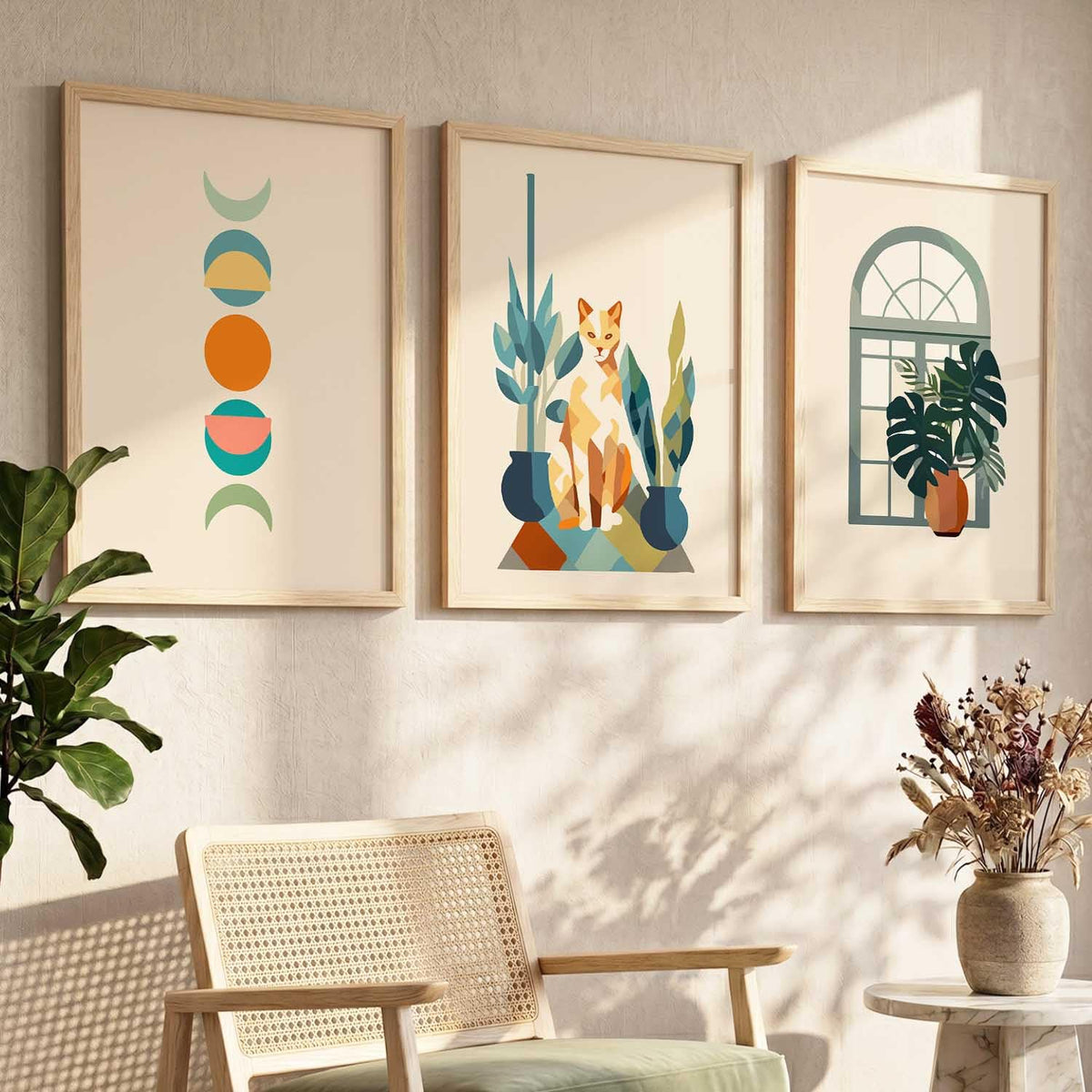 Boho Painting Wall Art Home Decoration Paintings With Frame For Living Room Bed Room Hotel Wall Decor Digital Reprint Set of 3 (13X17 inch)