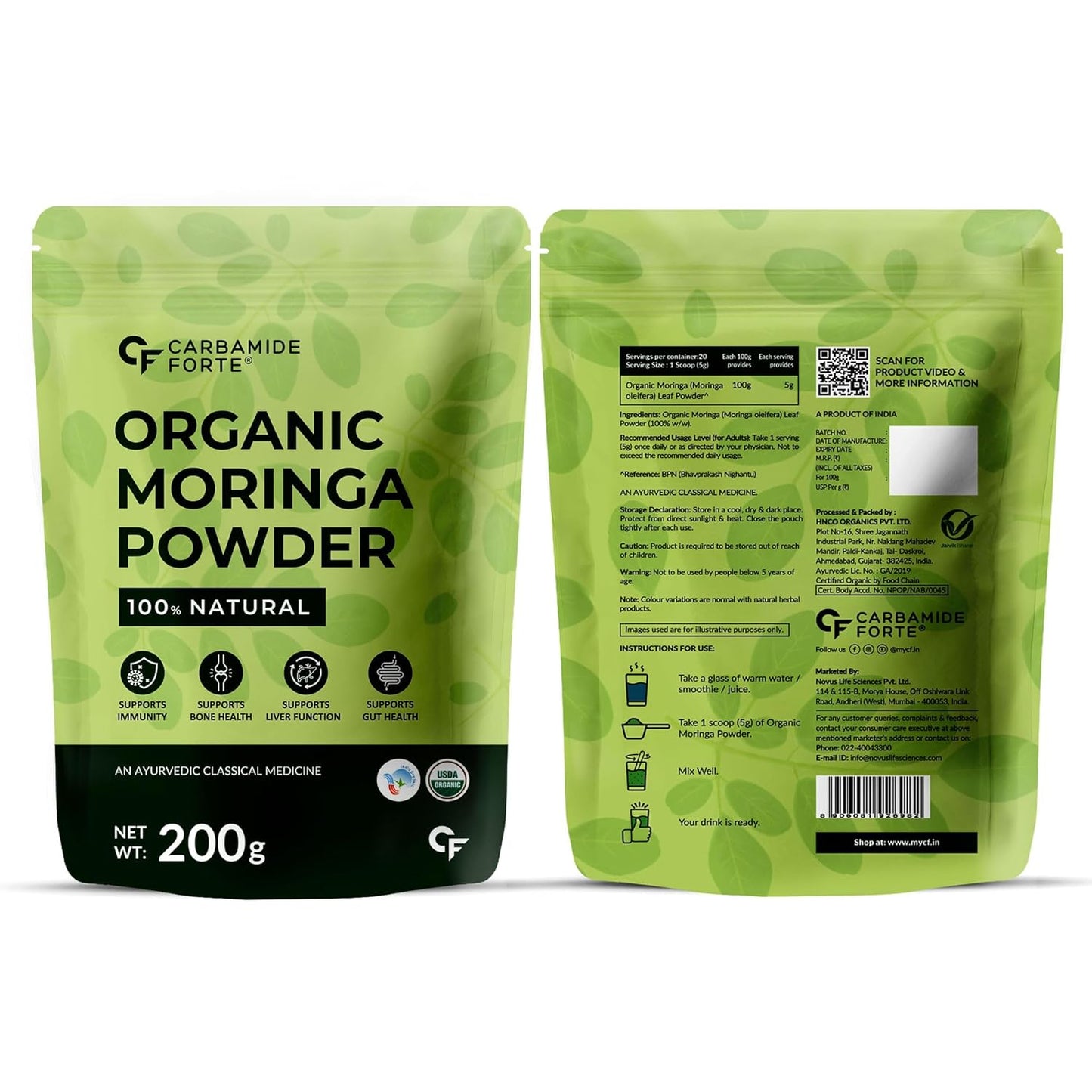 Green package of Carbamide Forte Organic Moringa Powder with front and back views.