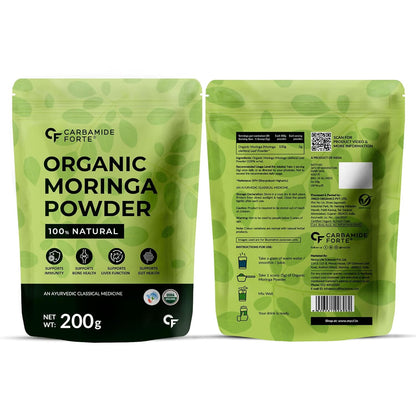 Green package of Carbamide Forte Organic Moringa Powder with front and back views.
