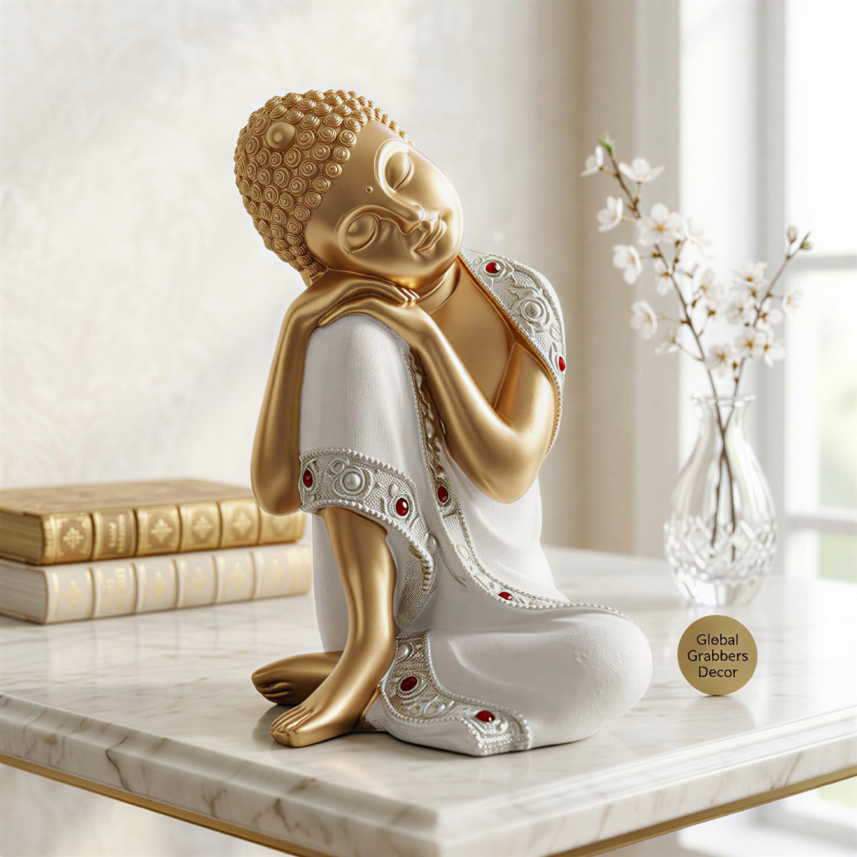 Buddha Idol Statue | Show Pieces for Home Decor Living Room (White Golden)