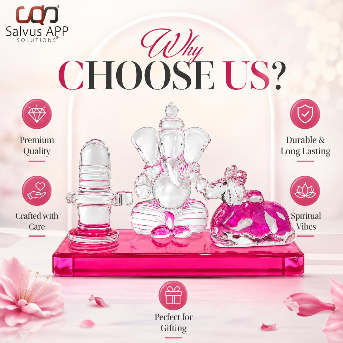 Crystal Glass Shiva Ganesha Nandi Statue | Decorative Religious Showpiece for Home, Temple & Office | Pink, 4 x 2.5 Inch