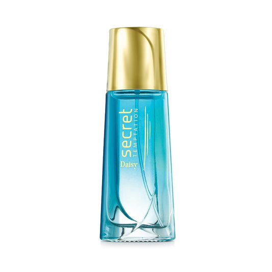 Blue perfume bottle with gold cap on a white background