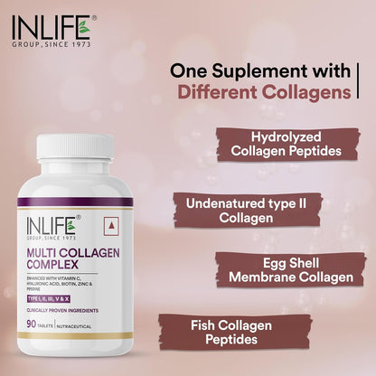 INLIFE Multi Collagen Complex Tablets | 5 Types Peptides I, II, III, V & X with Biotin, Hyaluronic Acid | Collagen Powder Supplements for Women & Men - 90 Tablets (Pack of 1)