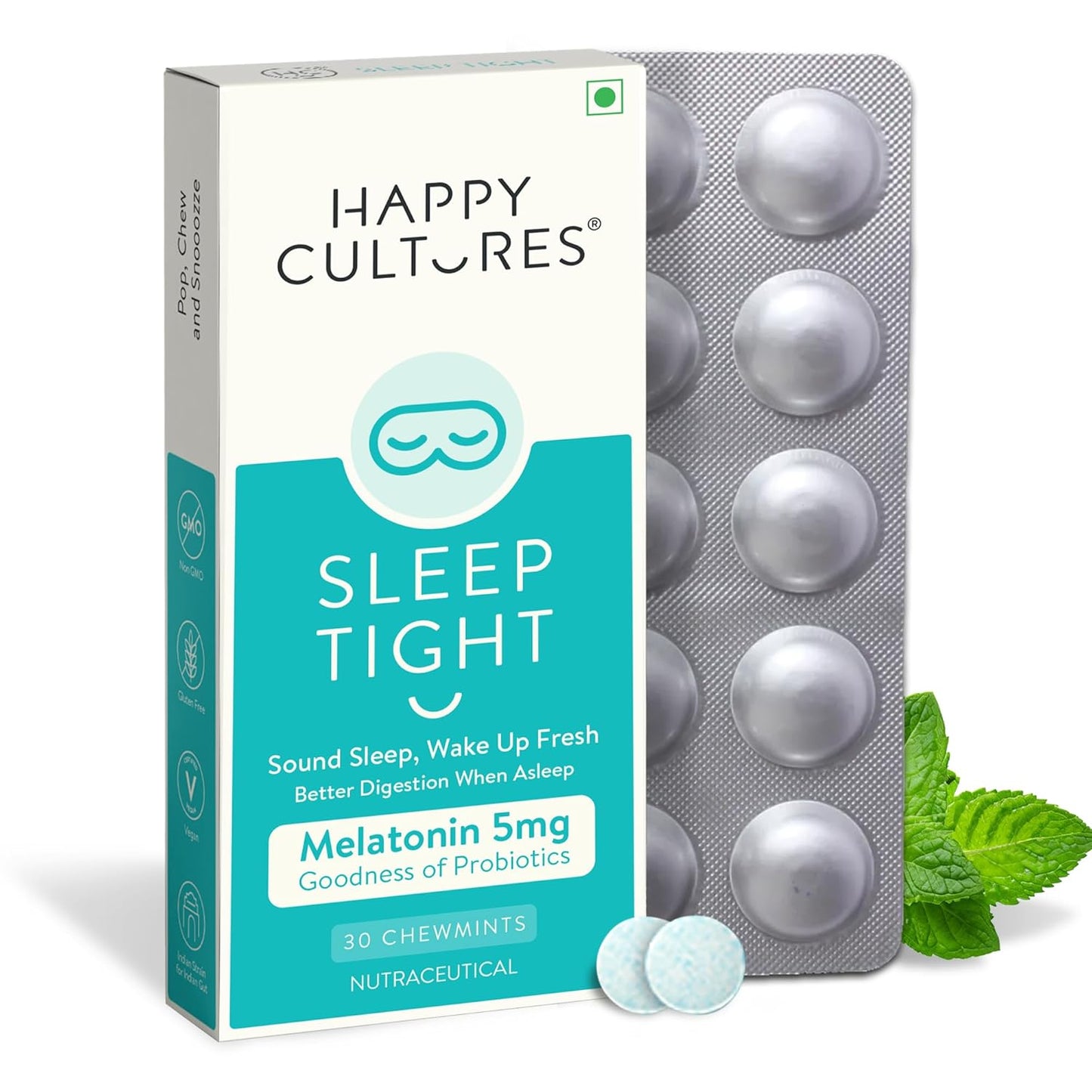 VELBIOM Happy Cultures Sleep Tight Melatonin 5Mg With Probiotic Sleep Deeper&Wake Up Refreshed Non Addictive,Natural,Clinically Tested,Natural Sleep Improves Digestion While Sleeping,30 Chewmints