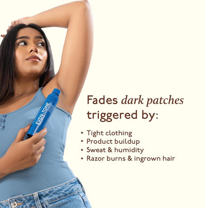 Woman applying a product to her armpit with text about product benefits on a white background