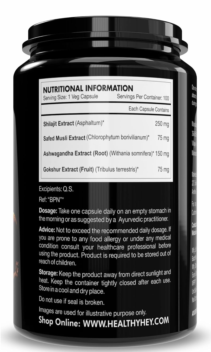 Black supplement container with nutritional information label on a white background