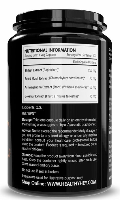 Black supplement container with nutritional information label on a white background