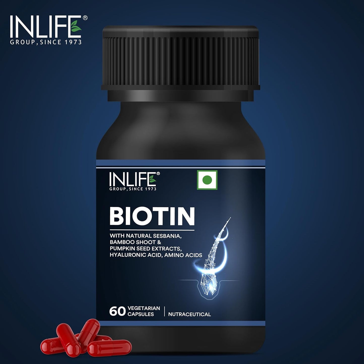 INLIFE Biotin Supplement for Hair | Sesbania, Bamboo Shoot, Bhringraj, Zinc, Vitamin C | for Women Men - 60 Vegetarian Capsules (Pack of 1, 60)