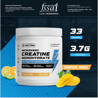 Wellcore - Pure Micronised Creatine Monohydrate,Tropical Tango (122g, 33 Servings), Rapid Absorption, Enhanced Muscle Strength & Power, Fast Recovery,Increased Muscle Mass