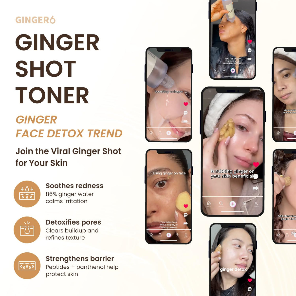 Advertisement for Ginger Shot Toner with images of people using the product and text highlighting benefits.