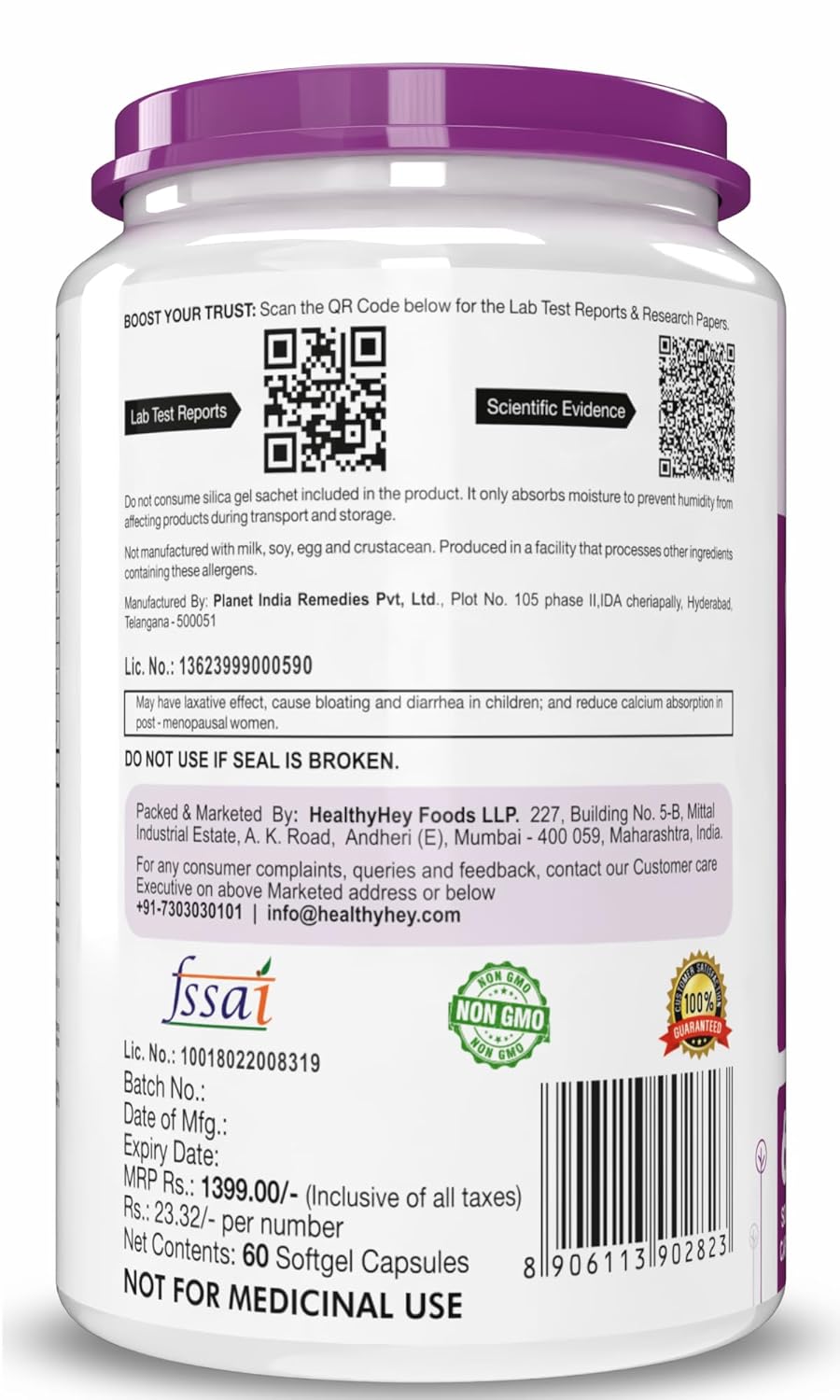 Back view of a supplement container with labels and text on a white background