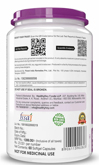 Back view of a supplement container with labels and text on a white background