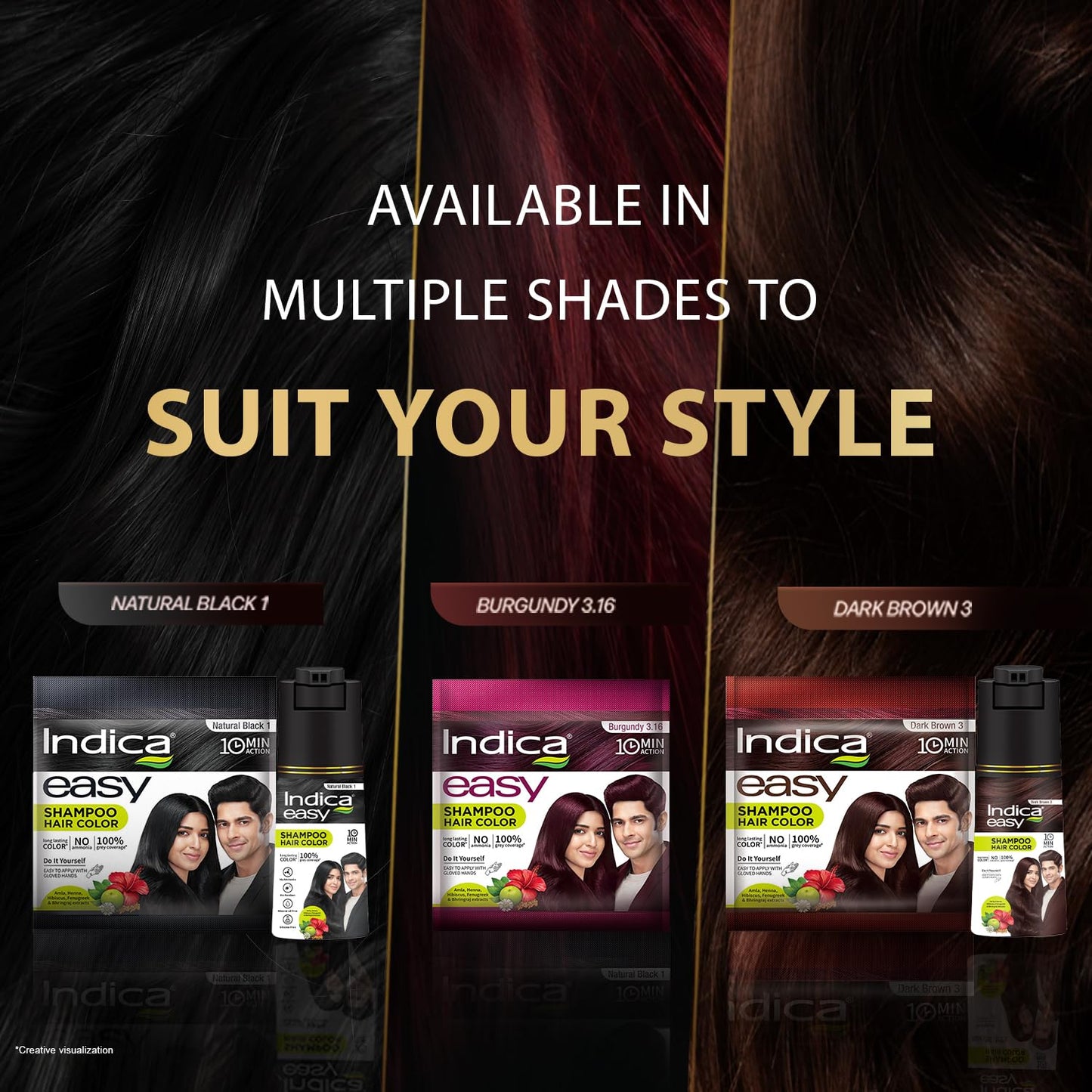 Indica Easy Do-It-Yourself Hair Color Shampoo Pump Pack with 5 Herbal Extracts and 100% Ammonia Free, Long Lasting Formula, 180 ML - Natural Black Colour (Gloves Included)