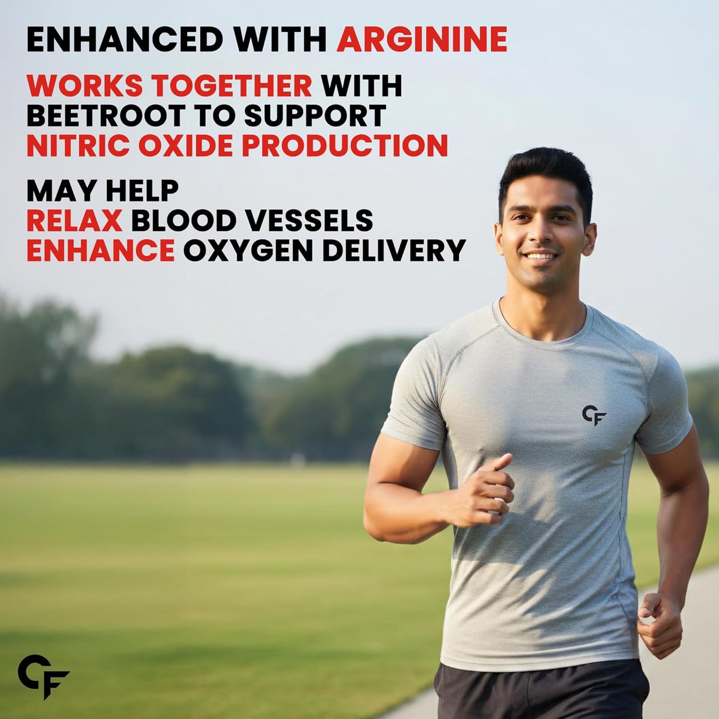 Man running outdoors with text about arginine supplement benefits