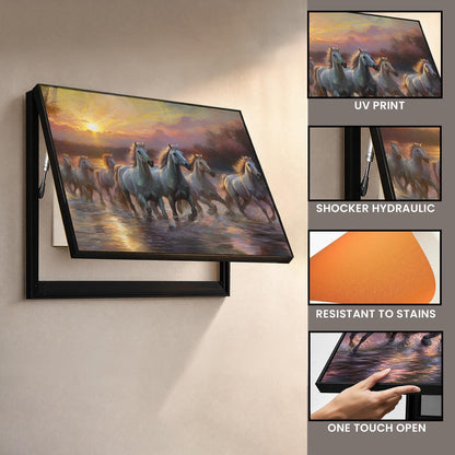 Electric MCB Box Cover Frame With Hydraulic Decorative Painting White 7 Running Horse Painting Electrical Panel box Cover, Switch Box Frame Will Fit Max 10x14 inch Switch Board, Outer Size 13X17 Inch