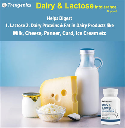 Trexgenics Dairy & Lactose product with dairy products and a bottle on a blue background