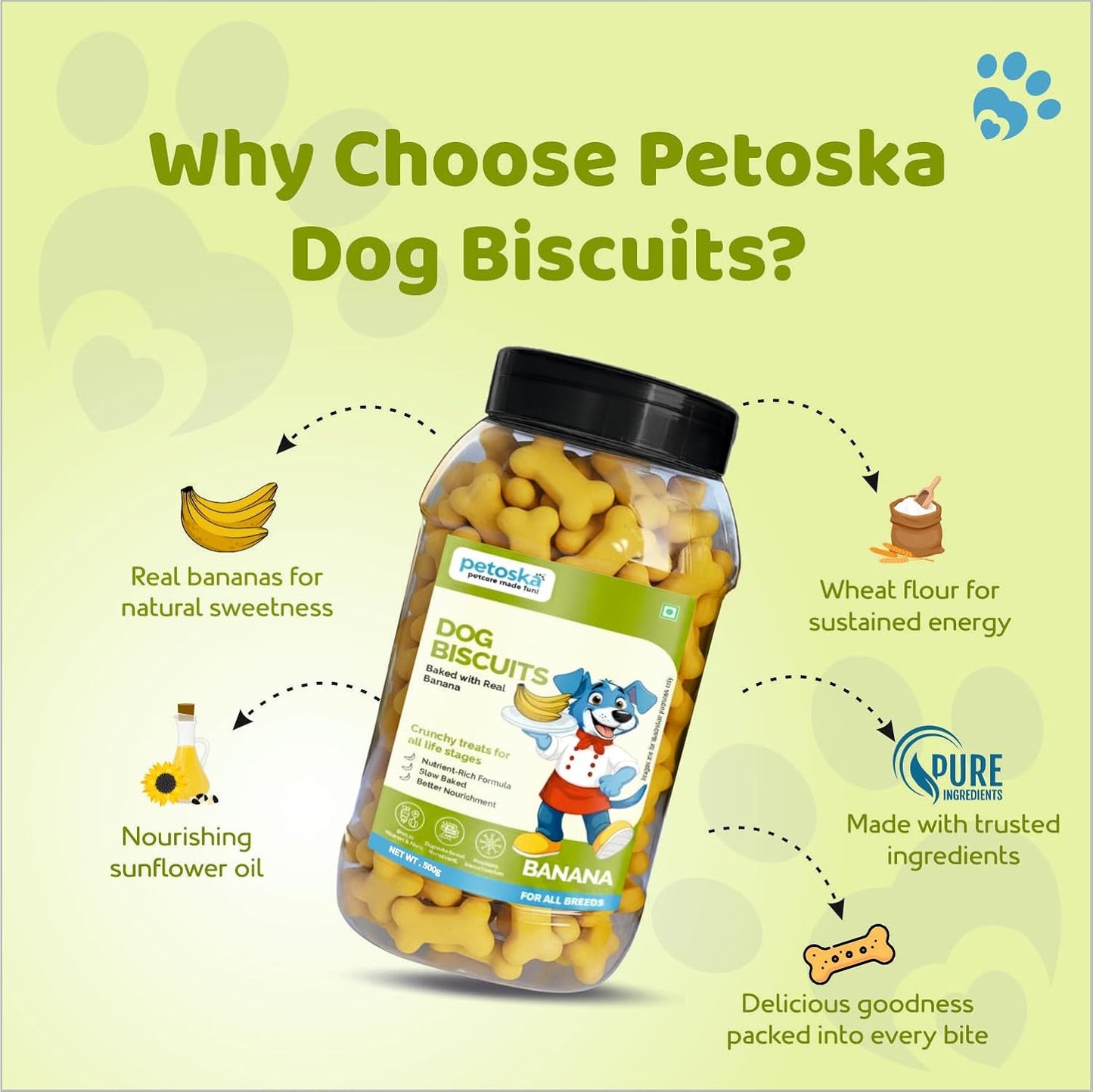Petoska Dog Biscuits – Chicken Flavor | 500g Jar | Real Chicken Goodness | Crunchy, Nutritious Treats for All Breeds | 300 kcal/100g | Healthy Dog Snack
