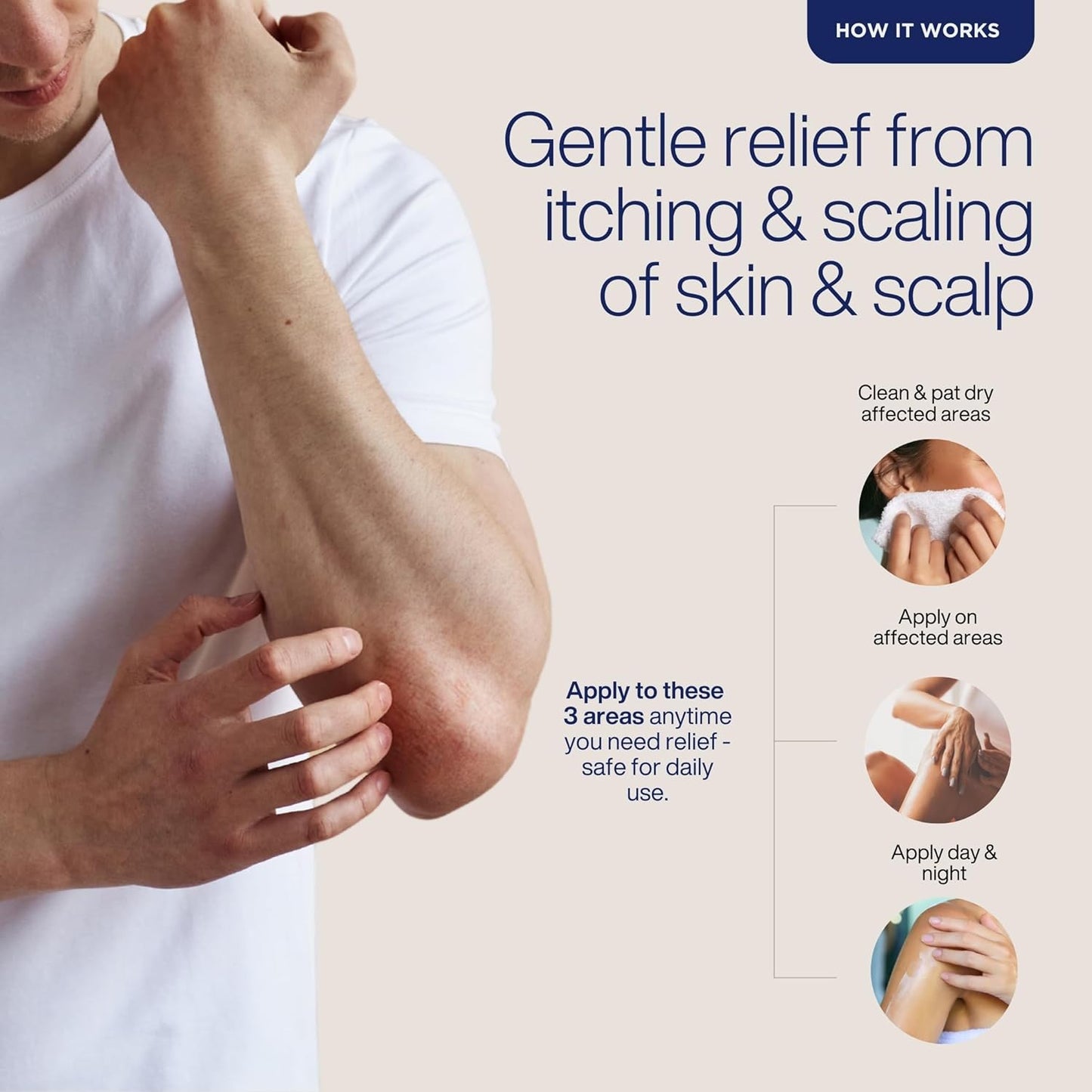 Advertisement showing a person applying a product to their arm with text on gentle relief for itching and scaling of skin and scalp.