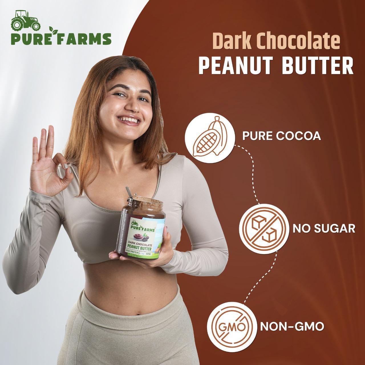 PURE FARMS Dark Chocolate Peanut Butter | Crunchy Chocolate Peanut Butter Spread | 22g Protein, Pure Cocoa | 80% Roasted Peanuts, No Hydrogenated Oil