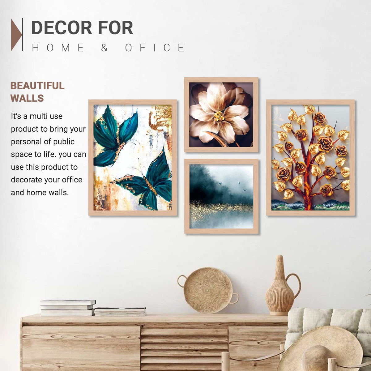 Wood Premium Digital Paintings With Frame For Home Decoration - Painting For Living Room Bedroom Office - Pack Of 4 (A)